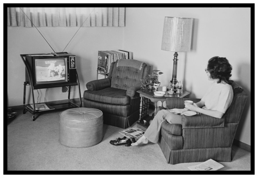 Black and white photo: Watching the Apollo 14 Moon Landing