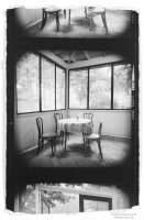 Black and white photo: Table and Chairs Porch&mdash;Lily Dale
